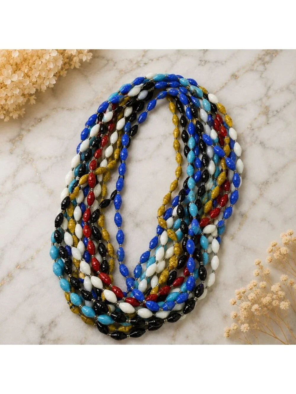 Lot 12 Vintage 1960s Glass Bead Necklaces NOS Black, Blue, White, Tan, Tangerine